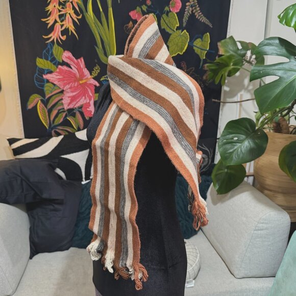 Ecuadorian 100% Wool Fringed Striped Scarf, Multi-Color Natural/Brown/Grey - Picture 5 of 10